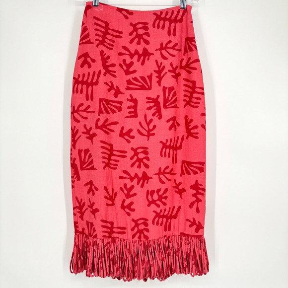 Hyacinth House Cozumel Pink Red Coral Reef Print Fringe Hem Midi Skirt XXS - Picture 2 of 16